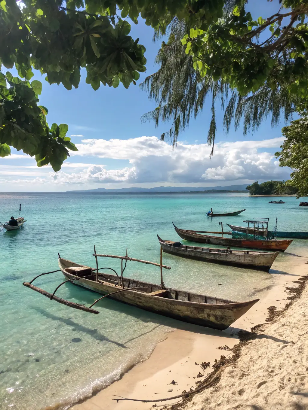 A picturesque scene of a traditional Malagasy village nestled along the coast, with colorful fishing boats and local people engaged in daily activities, representing the cultural immersion aspect of the tour.