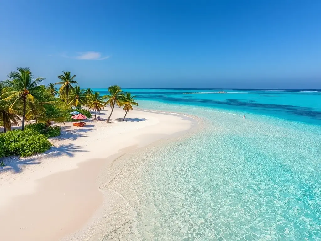 A pristine beach scene on Nosy Be, Madagascar, with turquoise waters and white sand. This image represents the beautiful coastal regions of Madagascar.