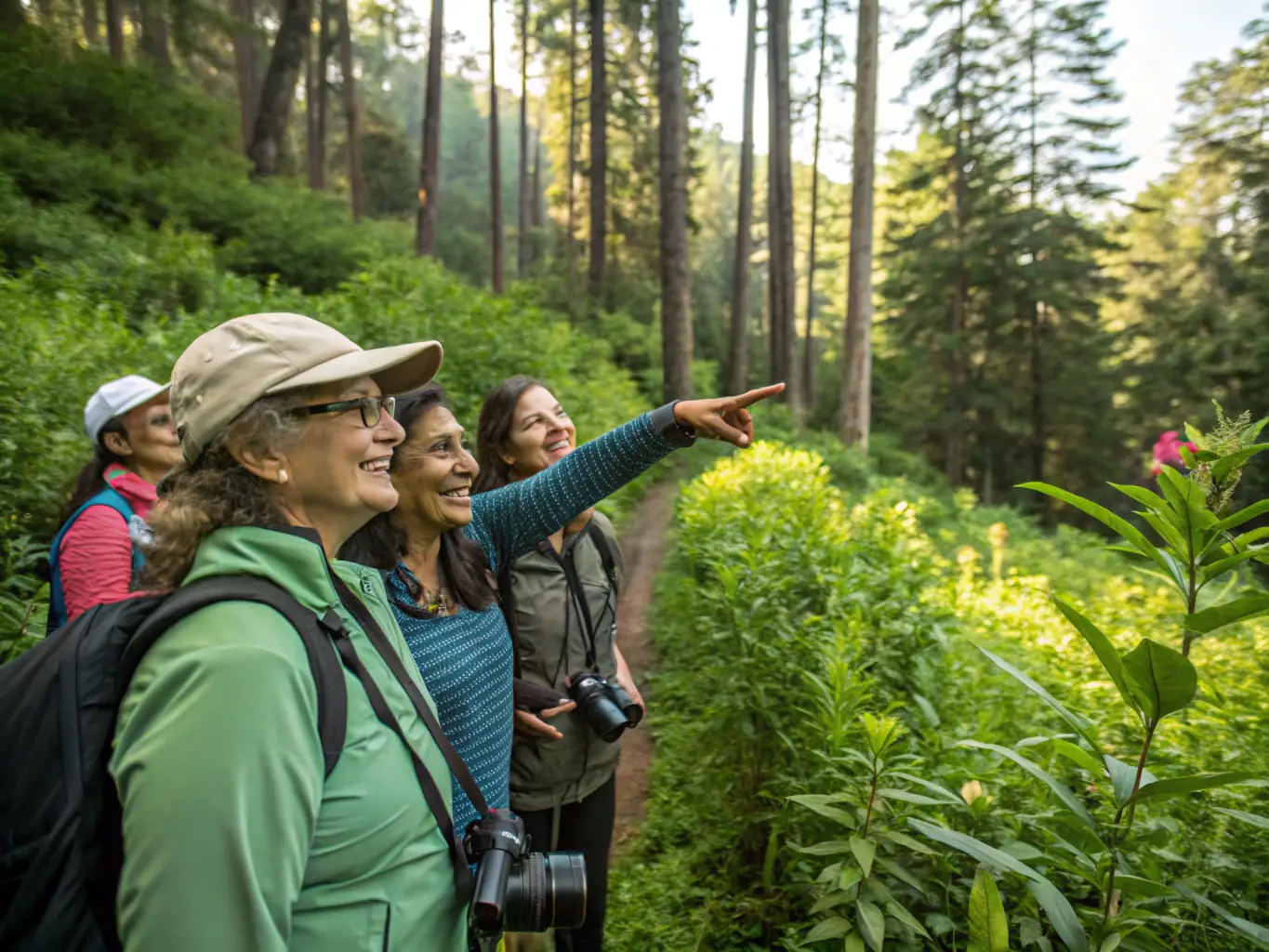 A vibrant image showcasing a diverse group of international tourists exploring a lush, green rainforest in Madagascar, led by a local guide from Cactus Tours Madagascar, emphasizing sustainable tourism practices.