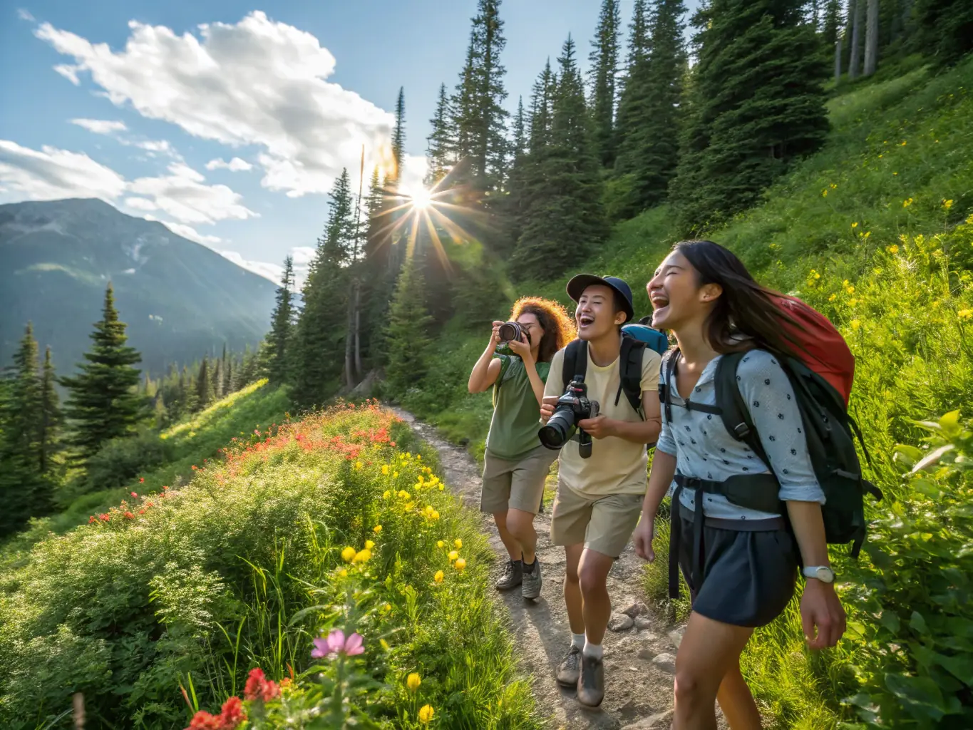 A vibrant image showcasing a group of international tourists enjoying a guided tour through a lush, green rainforest in Madagascar, highlighting the unique biodiversity and adventure opportunities.