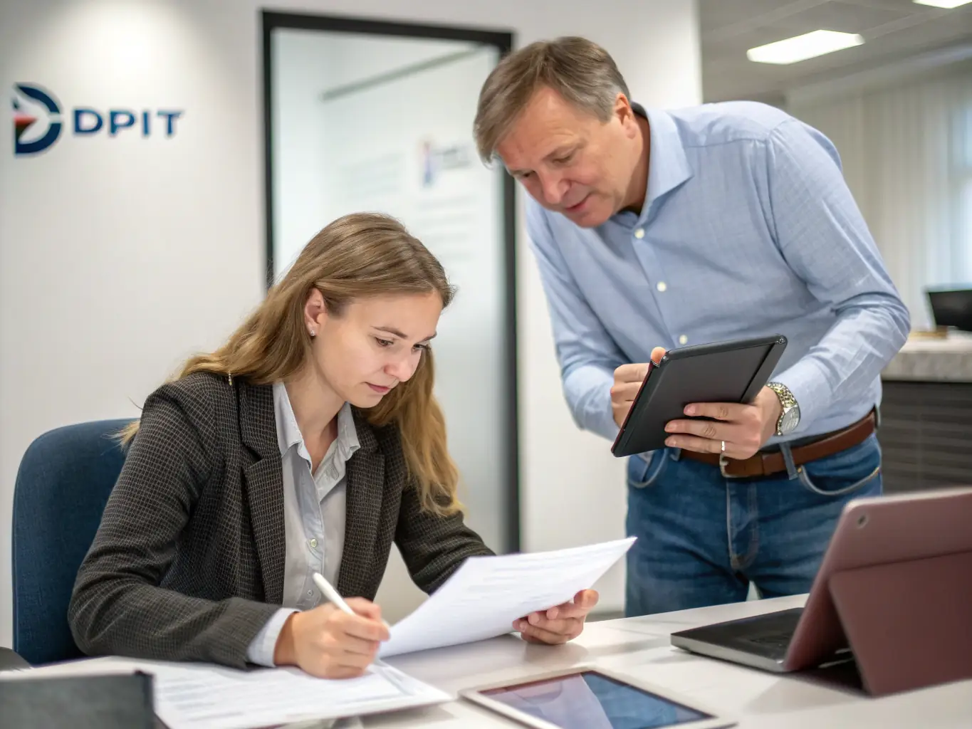 A professional photograph of a travel agent collaborating with a Cactus Tours Madagascar representative, reviewing itinerary details and discussing client preferences in a modern office setting.