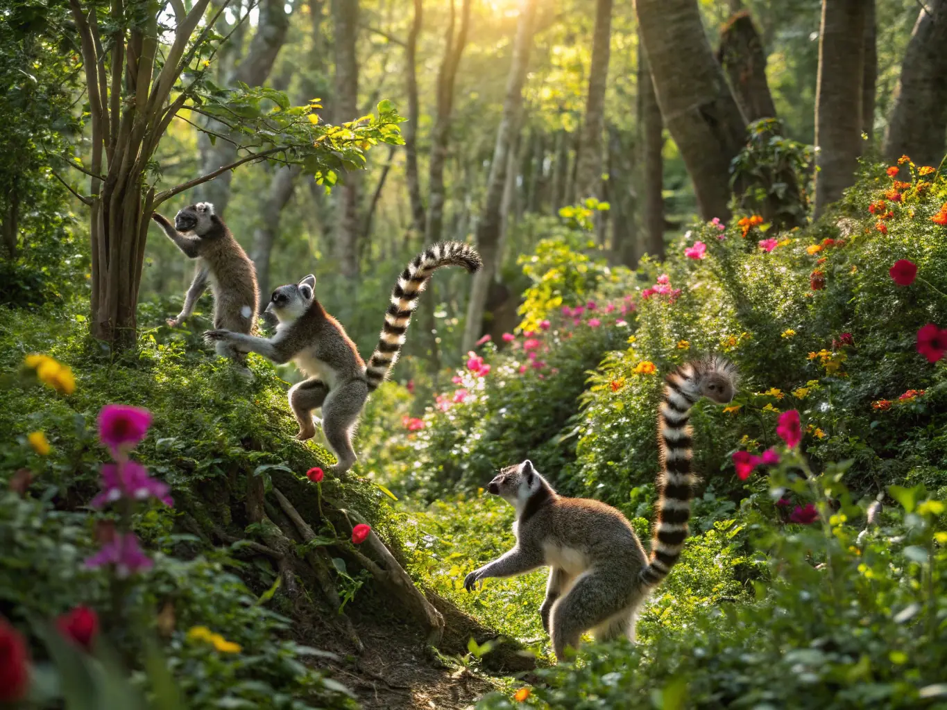 A lush rainforest scene in Andasibe-Mantadia National Park, Madagascar, with a glimpse of an Indri lemur in the trees. This image represents the unique wildlife of Madagascar.